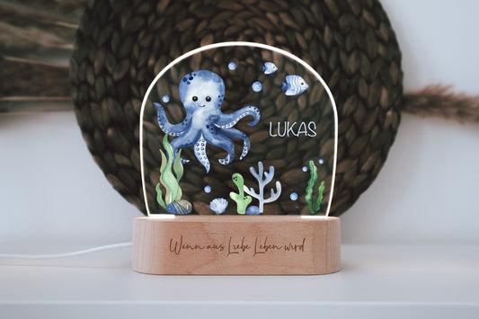 Nachtlicht "Oktopus" im bunten Design personalisiert, Holzfuß Gravur, Geschenk zur Geburt fürs Kinderzimmer oder zur Taufe