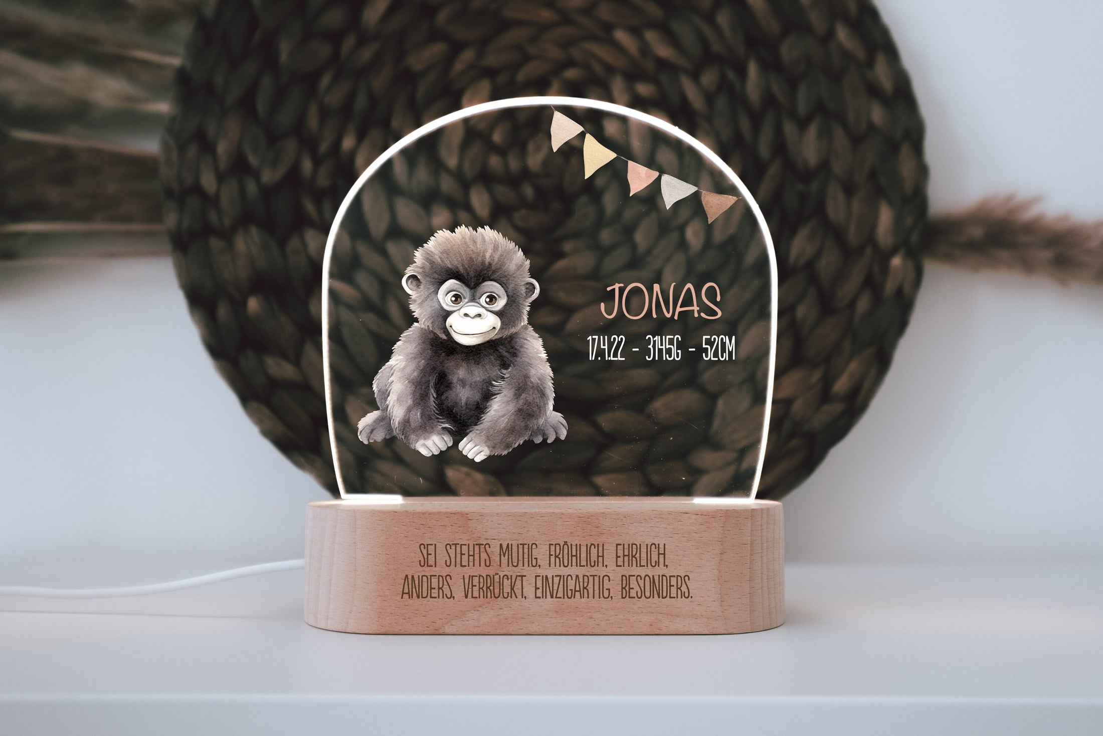 Nachtlicht "Gorilla" personalisiert aus Acryl, Holzfuß Gravur, Geschenk Geburt, Kinderzimmer, Persönliches Geburtstagsgeschenk, Taufe