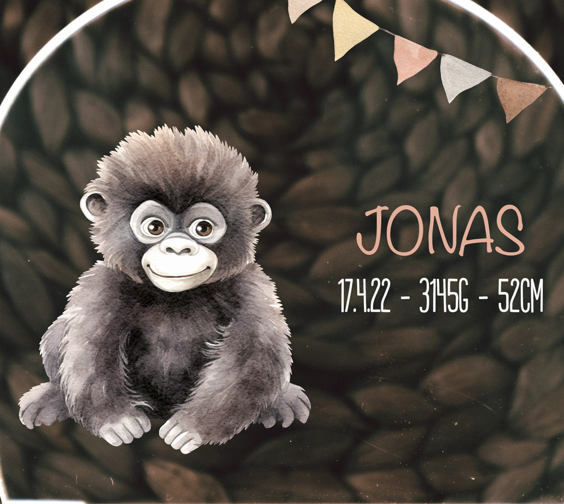 Nachtlicht "Gorilla" personalisiert aus Acryl, Holzfuß Gravur, Geschenk Geburt, Kinderzimmer, Persönliches Geburtstagsgeschenk, Taufe