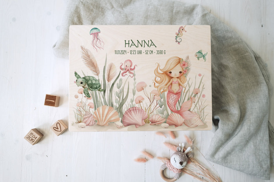 Personalisierte Erinnerungskiste aus unbehandelten Birkenholz mit Name | Mehrjungfrau | Zum aufbewahren und dekorieren | Taufe Geburt by Woodlandkid - Erinnerungskisten - Boxes & Bins