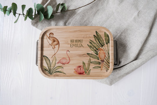 personalisierte Brotbox "Flamingo" aus Edelstahl mit Bambusdeckel | Brotzeit Dose mit bunten Dschungel Motiven | Breite Bügel für Kinder by Woodlandkid - Lunchbox - Lunch Bags & Boxes